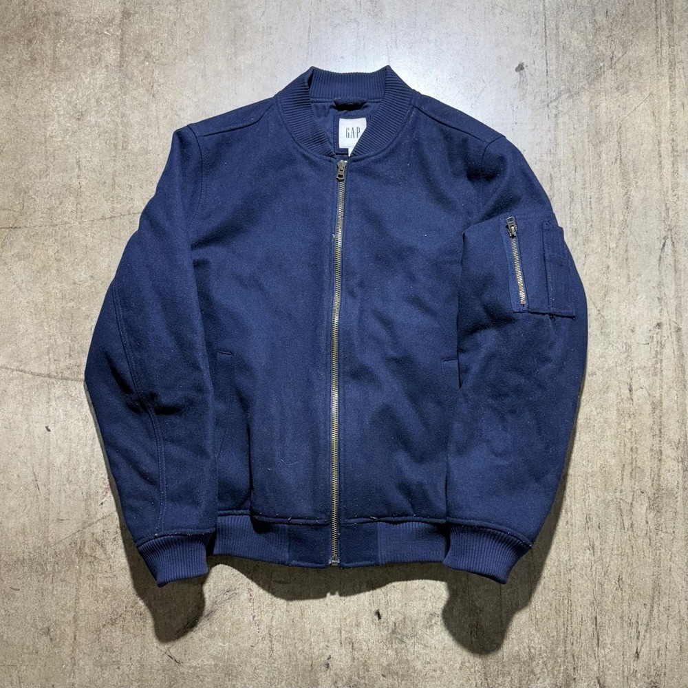 Gap Jacket Mens Medium Blue Wool Bomber Full Zip Lined Pockets Winter Coat Warm